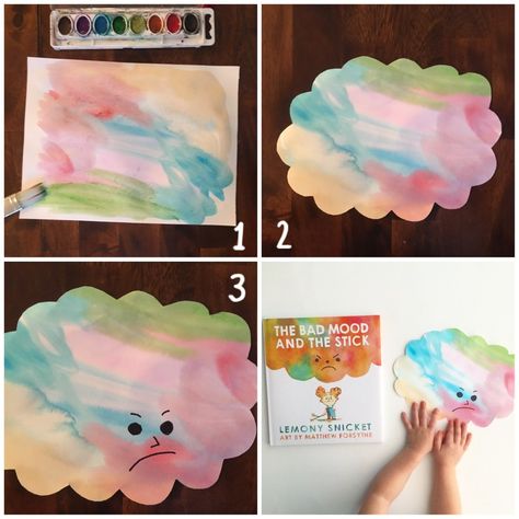 DIY "Bad Mood Clouds" Inspired by "The Bad Mood and The Stick" · Book Nerd Mommy All About Feelings Preschool, The Bad Mood And The Stick Activities, My Feelings Crafts For Toddlers, Emotions Crafts For Infants, Feelings Unit Preschool, Emotion Art For Toddlers, Emotions Art Activities, Feelings And Emotions Preschool Crafts, Emotions Kindergarten Activities