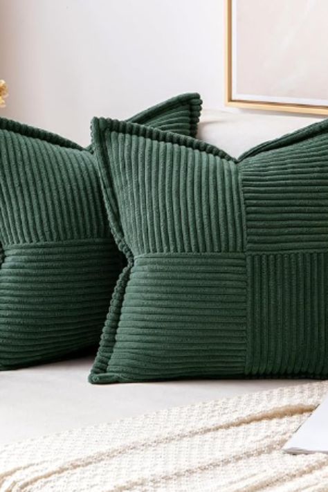 Enjoy the elegance of the design on these cute soft pillkows!!!!  Amazon Affiliate:) Striped Couch, Dark Green Boho, Textured Throw Pillows, Green Throw Pillows, Green Corduroy, Garden Pillows, Couch Cushions, Couch Throw Pillows, Christmas Pillow Covers