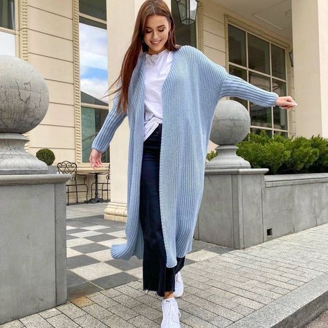 "Cozy and warm cardigan for you ❤️" Light Blue Long Cardigan Outfit, Light Blue Cardigan Outfit, Casual Satin Dress, Blue Cardigan Outfit, Long Cardigan Outfit, Wrap Dress Casual, Light Blue Cardigan, Coat Elegant, Cardigan Outfit