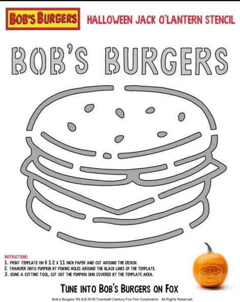 Bobs Burgers Pumpkin, Burger Pumpkin, Bob's Burgers Halloween, Bob Burgers, Pumpkin Carving Stencil, Halloween Pumpkin Stencils, Burger Party, Carving Templates, Halloween Pumpkin Carving Stencils