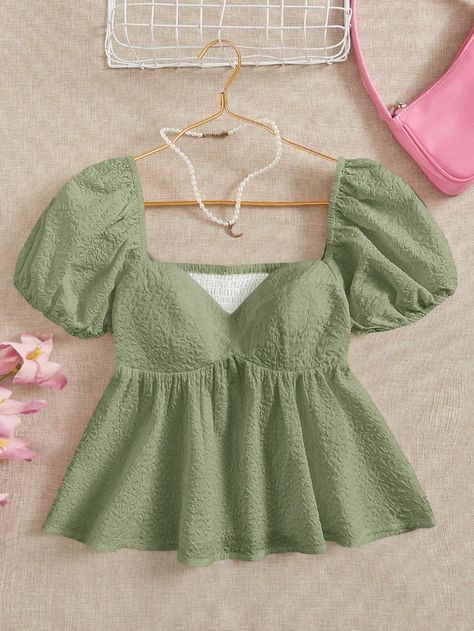 Sweetheart Neck Puff Sleeve Peplum Blouse Olive Green Cute  Short Sleeve Woven Fabric Plain Peplum Non-Stretch  Women Clothing, size features are:Bust: ,Length: ,Sleeve Length: Simple Top Designs For Women, Peplon Tops, Peplum Top Outfits Casual, Peplum Outfits, Top Designs For Women, Cotton Tops Designs, Ruffle Hem Blouse, Fancy Shirt, Peplum Tops