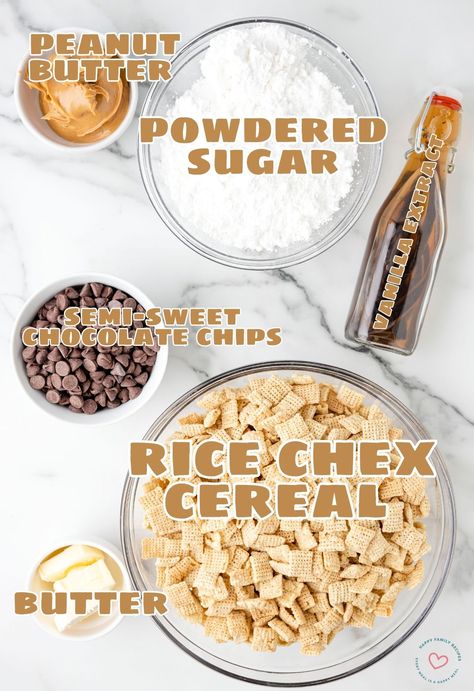 Muddy Buddy Chex Mix (Puppy Chow) - Happy Family Recipes Happy Family Recipe, Puppy Chow Chex Mix Recipe, Chex Mix Puppy Chow, Rice Chex, Chex Mix Recipes, Butter Rice, Peanut Butter Powder, Puppy Chow, Snack Chips