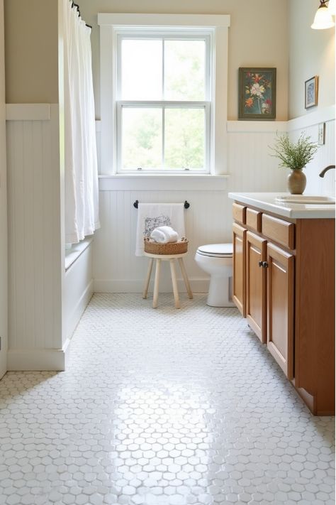 Bathroom with peel-and-stick floor tiles and refinished wooden cabinet White Tile Flooring Bathroom, Bathrooms Floors Ideas, Bathroom Remodel European, Painted Wood Floors Bathroom, Timeless Bathroom Tile Ideas, Large Tiles In Bathroom, Bathroom Peel And Stick Tile Floor, Tiled Walls In Bathroom, White Floor Bathroom