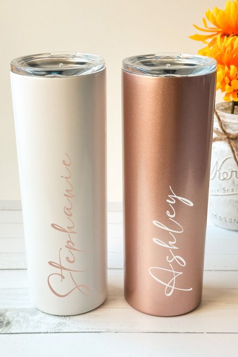 one white 20oz tumbler with the name Stephanie in rose gold script font and one rose gold 20oz tumbler with the name Ashley in white script font Tumbler With Name, Gold Tumbler, Bridesmaid Proposals, Personalized Tumbler, Bachelorette Parties, Personalized Tumblers, Bridal Party Gifts, Reusable Straw, Brides And Bridesmaids