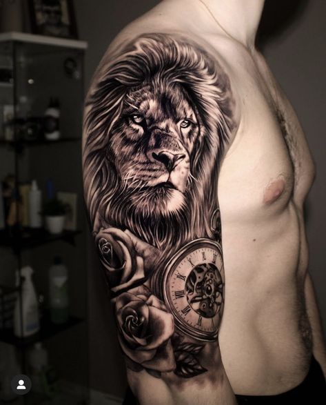 Lion Tattoo On Upper Arm, Lion And Pocket Watch Tattoo, Lion Tattoo Shoulder Men, Lion Rose Clock Tattoo, Clock Tattoo Design For Men Upper Arm, Lion Clock Rose Tattoo Design, Lion Cross Clock Tattoo, Upper Arm Lion Tattoo For Men, Lion Roses Tattoo