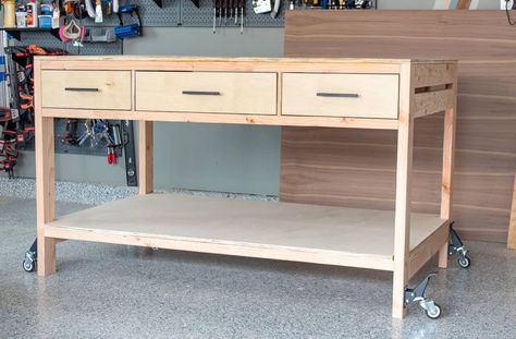 DIY Workbench with Storage - with drawers and shelves. Complete plans for how to build this workbench on wheels. #anikasdiylife #woodworking Diy Table With Drawers, Workbench On Wheels, Hangar House, Simple Workbench Plans, Workbench With Storage, Workbench With Drawers, Workbench Plan, Bench Area, Portable Workbench