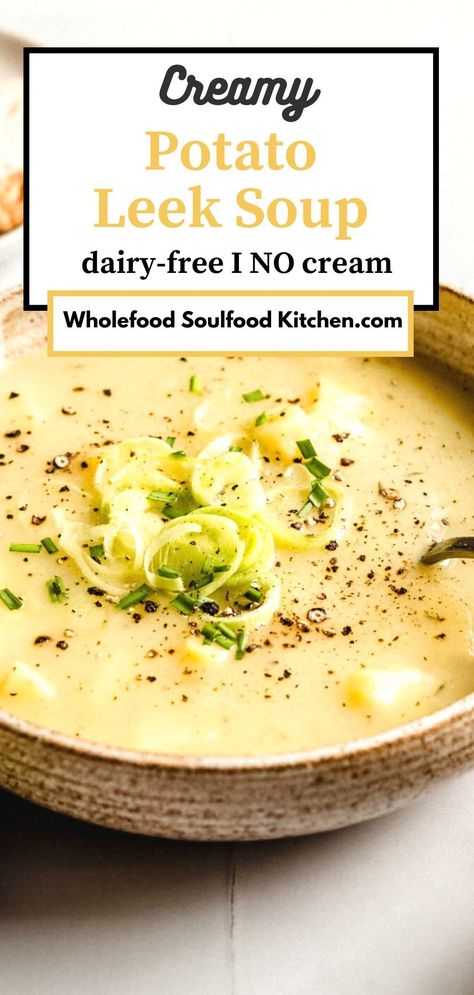 Experience the epitome of indulgence with this Vegan Potato Leek Soup—creamy, dreamy, and entirely dairy-free! A masterpiece without the cream, this recipe boasts richness without compromise. Potato And Leek Soup Dairy Free, Soup Recipes Lactose Free, Leek Soup Dairy Free, Potato Soup Recipe Vegan, Potato Leek Soup No Cream, Soups Without Cream, Dairy Free Creamy Potato Soup, Vegan Potato Leek Soup Recipe, Vegan Potato And Leek Soup