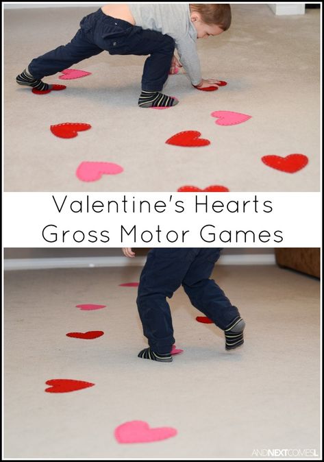 Valentine's Day themed gross motor boredom busters for kids from And Next Comes L Kaba Motor Becerileri, Boredom Busters For Kids, February Activity, February Crafts, Valentine's Day Games, Preschool Valentines, Gross Motor Activities, Valentine Activities, Toddler Valentines