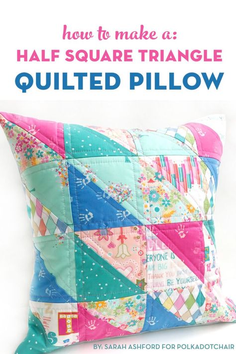 Learn how to make a quilted pillow out of half square triangle quilt blocks. A fun and easy beginner quilt project. Triangle Quilt Blocks, Easy Beginner Quilt, Easy Quilt Tutorials, Quilt Pillow Case, Quilt Blocks Easy, Triangle Quilts, Quilted Pillow Covers, Beginner Quilt, Half Square Triangle Quilts