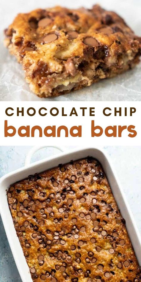 Recipes For Old Bananas, Chocolate Chip Banana Bars, Banana Chocolate Chip Bars, Banana Recipes Easy, Banana Recipes Overripe, Banana Bread Bars, Ripe Banana Recipe, Banana Chocolate Chip Cookies, Banana Dessert Recipes