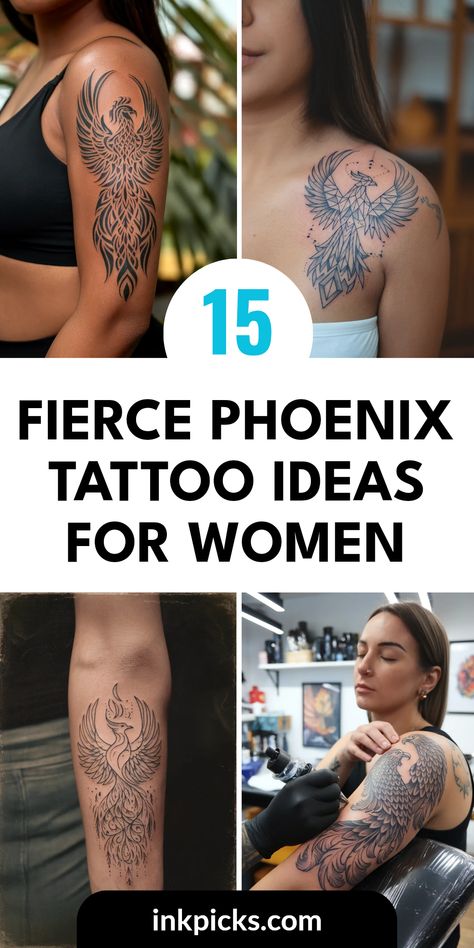 Discover 15 exciting phoenix tattoo ideas for women featuring fierce designs like arms wrapped tattoos, minimalist artwork, tribal styles, and geometric patterns. This pin showcases 4 images that highlight the beauty and personal significance of phoenix tattoos. Phoenix Tattoo On Arm For Women, Rising Phoenix Tattoo Feminine Sleeve, Fawkes Phoenix Tattoo, Phoenix Tattoo For Women Leg, Phoenix Rising From Ashes Tattoo Feminine, Phoenix Thigh Tattoo For Women, Pheonix Tattoo For Women On Arm, Phoenix Tattoo Arm For Women, Empress Tattoo Ideas