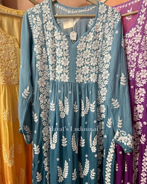 Classic and refined: Nyra cut chikankari kurti with delicate embroidery.Shop these pretty kurtis from our website www.hayatslucknowi.com Pretty Kurtis, Nyra Cut, Chikankari Kurti, Delicate Embroidery, Saree Design, Modesty Fashion, Embroidery Shop, June 15, Design Patterns