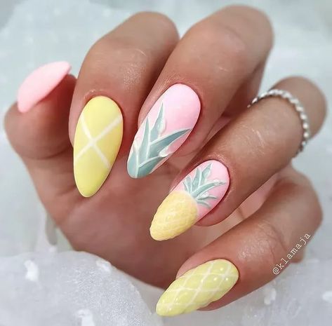 Tropical nails | Hawaiian nails and Hawaiian nail designs | Pineapple Nail Design, Hawaiian Nails, Tropical Vacation Nails, Tropical Nail Designs, Pineapple Nails, Palm Nails, Fruit Nails, Palm Tree Nails, Thanksgiving Nail Designs