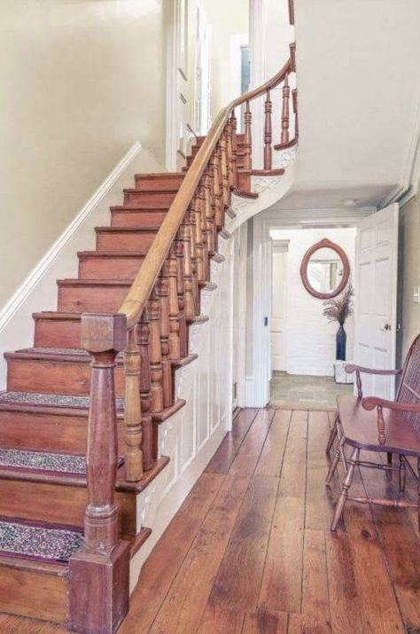 Farmhouse Stairs, Lancaster Ohio, House Staircase, Farmhouse Renovation, Victorian Farmhouse, Farmhouse Remodel, Newel Posts, Curved Staircase, Pipe Dream