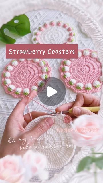 Strawberry Coaster, Strawberry Coaster Crochet, Crochet Strawberry Coaster, Strawberry Flower, Crochet Strawberry, Crochet Lovers, Crochet Coasters, Coasters, Crochet Patterns