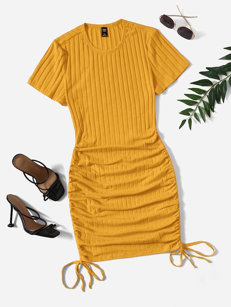 Casual Mustard Mini Dress, Fitted Mustard Sleeveless Mini Dress, Mustard Fitted Cotton Dress, Mustard Sleeveless Summer Mini Dress, Mustard Knee-length Mini Dress For Summer, Ribbed Knit Bodycon Dress, Plain Sweaters, Sides For Ribs, Mustard Yellow