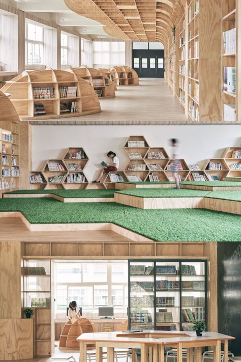 Interior Library Design, Design Library Architecture, Elementary Classroom Interior Design, School Library Architecture, School Library Aesthetic Modern, Modern High School Library Design, Library School Design, Childrens Library Design, Library Elementary Ideas