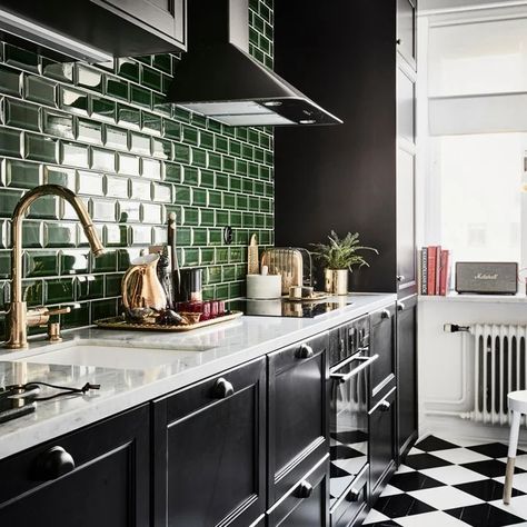 75 Kitchen with Black Cabinets and Green Backsplash Ideas You'll Love - August, 2024 | Houzz Checkered Floor Kitchen, Green Tile Backsplash, Green Backsplash, Eclectic Kitchen, Black Kitchen Cabinets, Scandinavian Kitchen, Up House, Green Tile, Black Cabinets