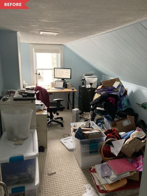 Before: cluttered attic storage spot with blue paneled walls Home Office Before And After, Attic Home Office, Office Attic, Organized Home Office, Functional Home Office, Home Office Apartment, Office Redo, Paneled Walls, Attic Office