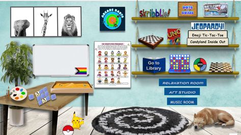 Virtual playrooms/counseling offices, are a great way to interact with clients in a similar way you would in person. Links to games, activities, expressive arts, books, videos and more! Studio Music Room, Career Counselor, Counseling Office, Activities For Teens, Counseling Activities, Games Activities, Relaxation Room, Therapy Room, Playroom Ideas