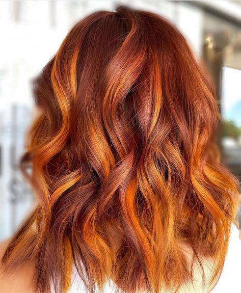 Brown Hair With Orange, Copper Orange Hair, Fire Hair Color, Orange Hair Color, Long Hairstyle Ideas, Orange Highlights, Hair Color Orange, Fire Hair, Bright Red Hair