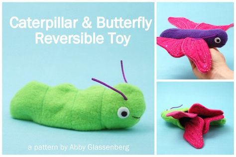 Caterpillar and Butterfly Reversible Toy  PDF by whileshenaps, $9.00 Caterpillar And Butterfly, Inside Out Toys, Caterpillar Butterfly, Sewing Stuffed Animals, Sewing Toys, Purple Butterfly, Felt Toys, Sewing For Kids, Baby Sewing