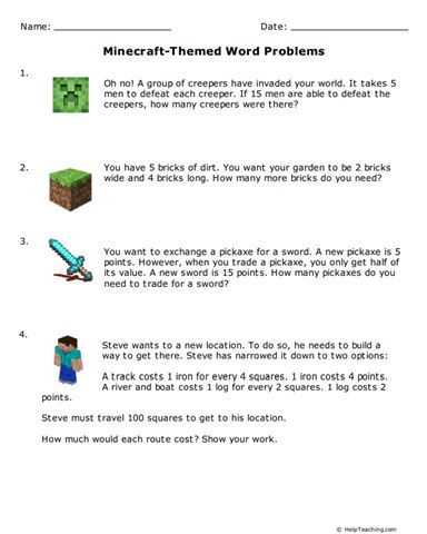 FREE Minecraft Worksheet - Teach kids who are Minecraft fans? Check out these free Minecraft word problems! #mathworksheets #fourthgrade Minecraft Math Worksheets, Minecraft Math Activities, Minecraft Multiplication, Minecraft Worksheets, Pregnancy Announcement Riddles, Minecraft Activities, Minecraft School, Line Math, Parenting Activities