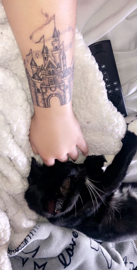 Sleeping beauty Disneyland castle black and grey tattoo. Princess Castle Tattoo, Sleeping Beauty Castle Tattoo, Disneyland Castle Tattoo, Disneyland Tattoo, Sleeping Beauty Tattoo, Disney Castle Tattoo, Sleeping Beauty Castle Disneyland, Prayer Tattoo, Disney Inspired Tattoos