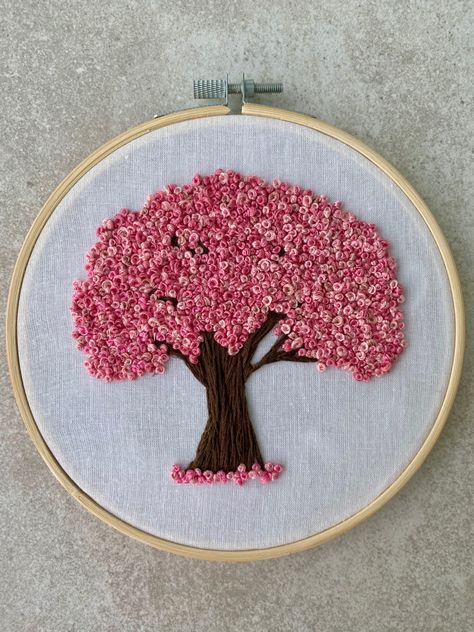 French Knot Designs Ideas, Embroidery Tree Design, Cherry Tree Embroidery, Frenchknots Embroidery Design, French Knot Stitch Embroidery Designs, Embroidery Frame Wall Decor, Cherry Blossom Tree Embroidery, French Knot Embroidery Designs Ideas, Blossom Tree Embroidery