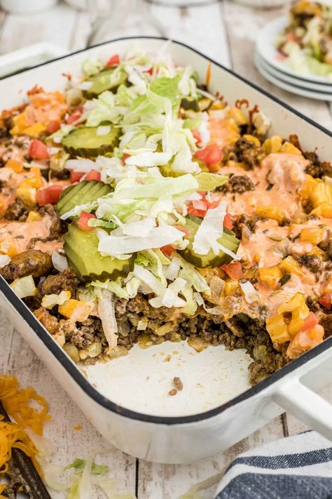 Big Mac Casserole Keto, Big Mac In A Bowl, Big Mac Casserole, Quick Easy Family Dinners, Gluten Free Casserole Recipes, Hamburger Meals, Beef Casseroles, In And Out Burger, Dorito Casserole