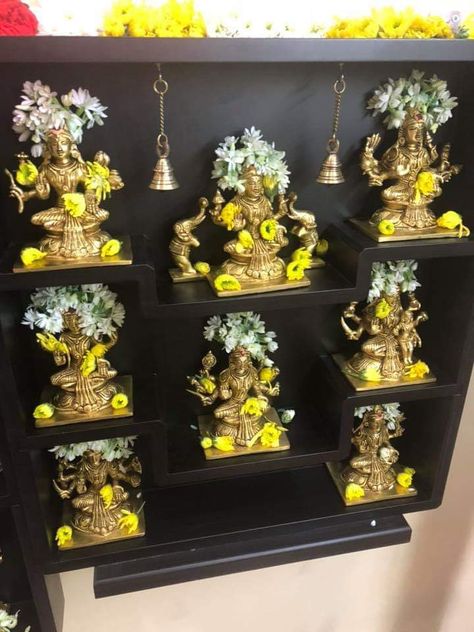 Brass Pooja Items Indian, Navarathri Golu Ideas, Brass Pooja Items, Mandir Decor, Brass Idols, Vintage Brass Decor, Ganapati Decoration, Pooja Items, Temple Decor