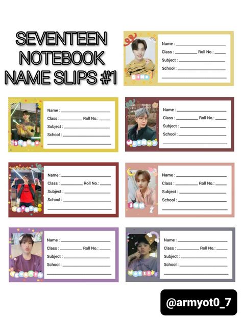 The Polaroid edit is by @bbywonie Just print and laminate them and then you can use them 👌 #seventeen #17 #carat #kpop #kpopstationary #pledis17 #scoups #jeonghan #joshua #jun #hoshi #wonwoo #woozi #the8 #mingyu #dk #seungkwan #vernon #dino #svt #nametags #nameslips #namesticker #Stationary #stationarylover Seventeen Subject Label, Notebook Labels Printable Aesthetic, Seventeen Printable, Kpop Stationary, School Labels Printables, Polaroid Edit, Dino Svt, School Advertising, School Name Labels