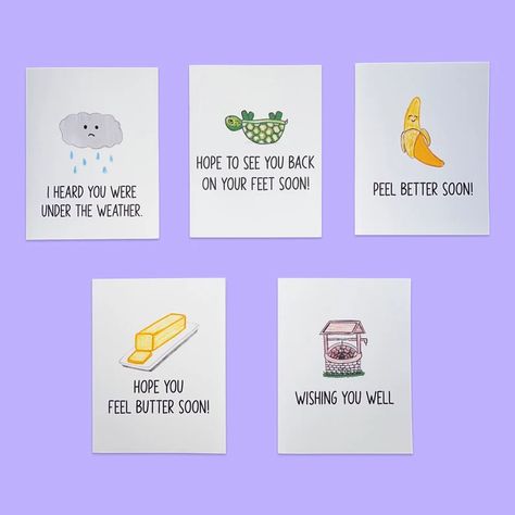 Hand Drawn Cute Get Well Soon Pun Cards 10 Pack of Cards Get | Etsy Cute Get Well Soon, Pun Cards, Wish You Well, Get Well Cards, Get Well Soon, Hand Drawn Design, Pack Of Cards, Get Well, Puns