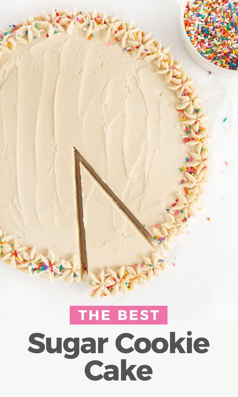 The BEST soft, thick, moist sugar cookie cake frosted with vanilla buttercream and topped sprinkles! Perfect for birthdays! Sugar Cookie Cake Recipe, Design Eat Repeat, Sugar Cookie Cake, Best Sugar Cookie, Cookie Cake Designs, Sugar Cookie Cakes, Cookie Cake Birthday, Chocolate Chip Cookie Cake, Sugar Cookie Bars