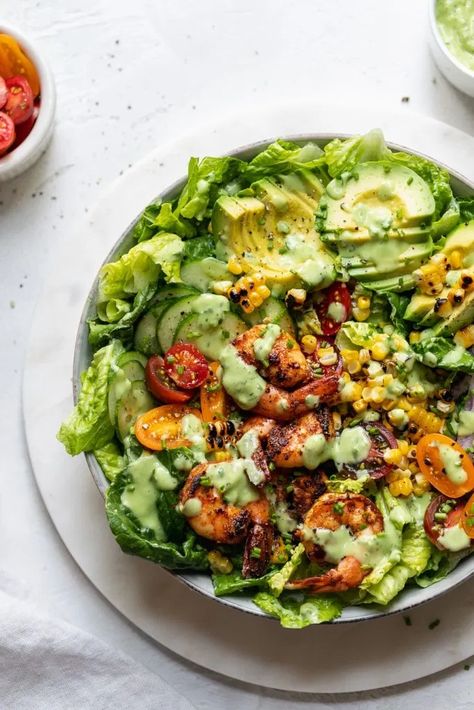 Blackened Fish Salad, Corn Salad With Avocado, Creamy Avocado Ranch Dressing, Dressing Vinaigrette, Seafood Salads, Salad Shrimp, Avocado Ranch Dressing, Blackened Shrimp, Grilled Corn Salad