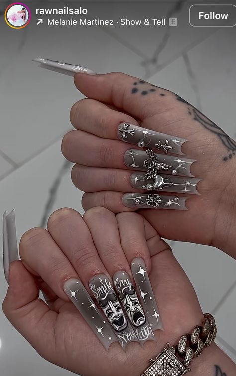 Chola Nails, Chicana Nails, Crazy Acrylic Nails, Acrylic Nail Designs Coffin, Classy Acrylic Nails, Crystal Nails, Minimalist Nails, Fire Nails, Coffin Nails Designs