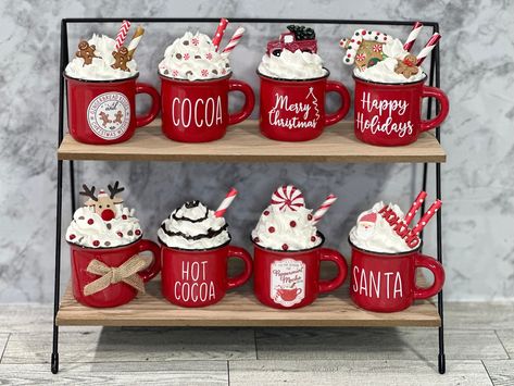 Decorating Ornaments, Tiered Tray Decor Christmas, Mug Decor, Marshmallow Crafts, Mini Mugs, Santa Mini, Canes Decor, Tray Decor Christmas, Faux Christmas