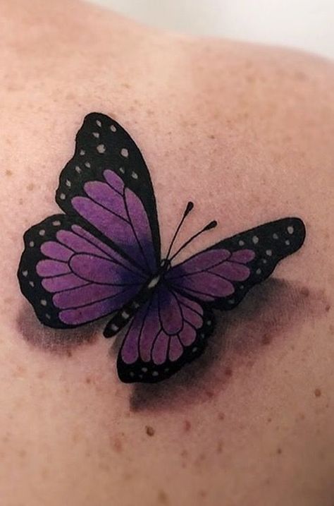 Purple Monarch Butterfly Tattoo, Black And Purple Butterfly Tattoo, Purple Butterfly Tattoo Memorial, Purple Butterfly Tattoos, Purple Butterfly Tattoo Small, Small Purple Butterfly Tattoo, 3d Butterfly Tattoo Designs, Butterfly Tattoo Purple, Butterfly Remembrance Tattoo