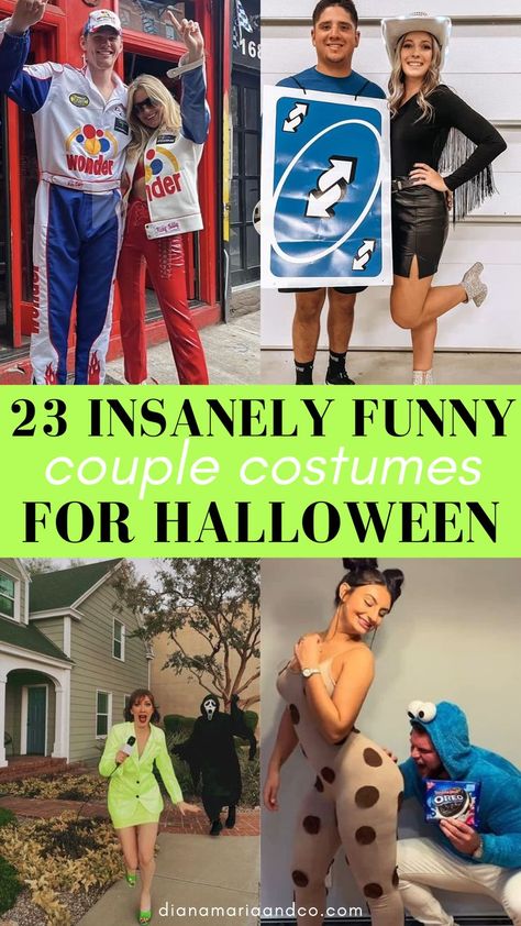 I'm so excited about these funny couple costumes for Halloween! They are all so hilarious and unique, you are going to love how many cute ideas there are to try. Funny Couple Costumes For Halloween, Diy Funny Halloween Costumes, Clever Couples Halloween Costumes, Diy Halloween Couples, Easy Adult Halloween Costumes, Unique Couples Costumes, Diy Adult Halloween Costumes, Couple Costumes For Halloween, Partner Halloween Costumes