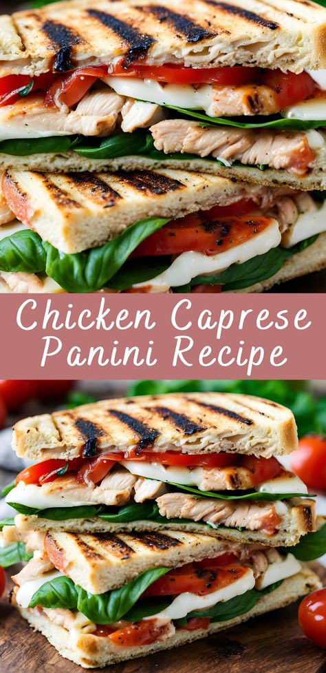 Looking for a sandwich that brings together the vibrant taste of Italy with filling, savory goodness? The Chicken Caprese Panini is your answer. Imagine succulent grilled chicken paired with juicy tomatoes, smooth mozzarella, and aromatic basil, all tucked inside crispy, toasted ciabatta bread. Ideal for a speedy lunch, this panini promises a delightful culinary experience. Grilled Chicken Caprese Sandwich, Healthy Panini Recipes, Chicken Caprese Panini, Roasted Red Pepper Panini, Panini Recipes Healthy, Ciabatta Sandwich Recipes, Healthy Panini, Grilled Chicken Panini, Chicken Sandwich Ideas