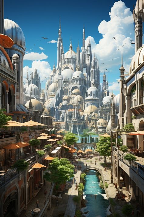 Futuristic Desert City Concept Art, Fantasy Mega City, Desert City Concept Art, Arabian Kingdom, Dnd Cities, Imaginative Photography, Aesthetic Settings, City Concept Art, Dnd Locations