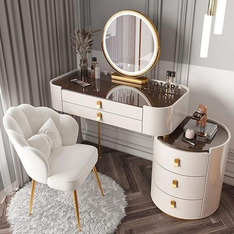 Amazon.com: Makeup Vanity Desk with Lighted Mirror and Glass Top, Large Vanity Table Set with Drawers, Side Cabinet & Chair, 3 Lighting Colors Makeup Table with Lights, Large Dressing Table for Her ( Color : Whit : Home & Kitchen Dressing Table Ideas Modern Luxury, Makeup Table With Mirror, Bedroom Mirrors, Luxury Vanity, Makeup Vanity Desk, Dressing Design, Dressing Table Design, Vanity Table Set, Light Mirror