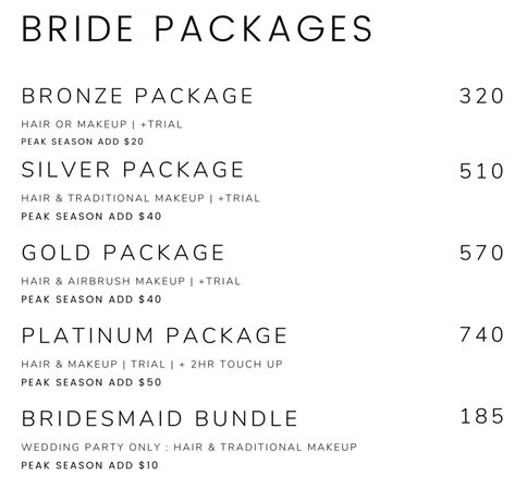 wedding-hair-makeup-prices Bridal Makeup Price List Ideas, Makeup Artist Supply List, Bridal Makeup Business, Bridal Packages Salon, Makeup Artist Price List, Makeup Checklist, Makeup Price List, Destination Wedding Hair, Makeup Studios