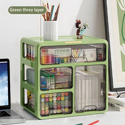 3 layers Drawer desktop storage box3 floors Drawer desktop storage box | Rebrilliant Marypatricia Plastic 3 Compartment Makeup Organizer Green 12.7 x 13.1 x 9.2 in | Organization | C100632210_1043310604 | Wayfair Canada Desk Organization Green, Room Ideas Accessories, Cute Storage Ideas For Bedrooms, Desk Storage Organization, Stationary Storage Ideas, Art Supply Organization Small Spaces, Arts And Crafts Storage Ideas, Art Storage Ideas, Art Supplies Organization