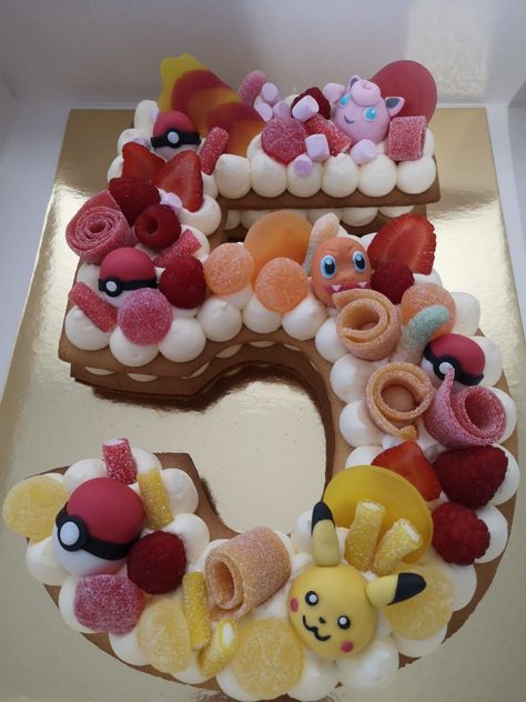 Pokemon Number Cake, Themed Number Cake, Pokemon Number, Cake Numbers, Cake Pokemon, Cream Tarts, Monogram Cake, Pokemon Theme, Number Cake