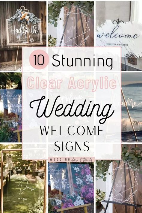 Whether you having a rustic, elegant, or minimalist wedding, whether it’s an outdoor wedding or indoor in the summer or winter, welcome your friends, family, and loved ones with a modern glass-looking entrance sign that will certainly add an impressive touch to your wedding receptions decoration. We have a list of ten stylish and simple clear acrylic wedding welcome signs ideas that you have to see! from gold, simple, and geometric to a wooded frame sign and unique painted signage Glass Signs For Wedding, Wedding Signs Clear Acrylic, Wedding Reception Signs Entrance, Wedding Welcome Signs Entrance, Wedding Signs For Reception Entrance, Welcome Wedding Sign Entrance, Wedding Decorations Indoor Elegant, Welcome Reception Sign, Welcome Signage Wedding