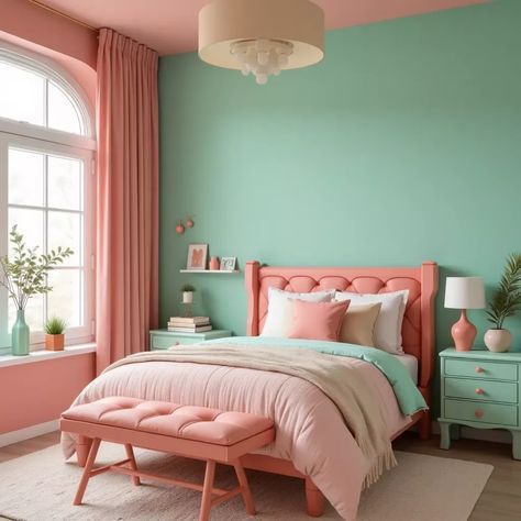 Coral Headboard, Mint Color Scheme, Top Bedroom Ideas, Pastel Bedroom Ideas, Mint Bedroom, Coral Bedroom, Sweet Interior, Top Kitchen Trends, Mint Green Walls