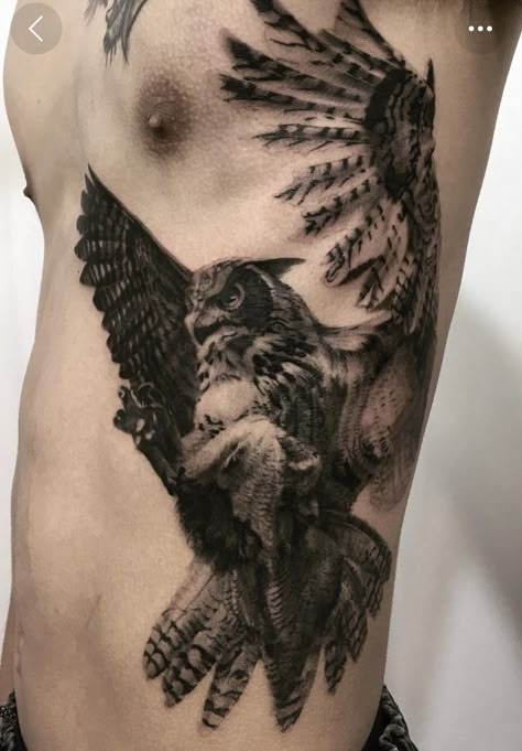 Owl Rib Tattoo, Owl Tatoos Men, Rib Cage Tattoos For Men, Owl Back Tattoo, Rib Tattoo Men, Owl Tattoo Men, Flying Phoenix Tattoo, Rib Tattoos For Guys, Back And Bicep Workout