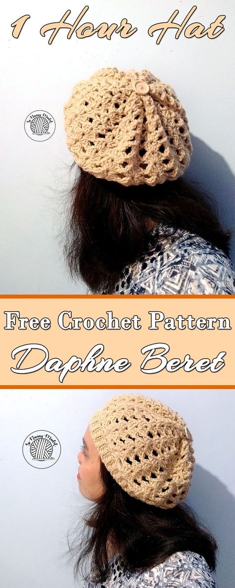 DAPHNE BERET is a FREE CROCHET PATTERN. Works up so easily and Fast. Crochet Beret Pattern Free Womens, Crochet Beret Free Pattern, Crochet Pompom, Crochet Gloves Free Pattern, Crocheting Inspiration, Crochet Beret Pattern, Beret Pattern, Crocheted Beanie, Slouchy Hats