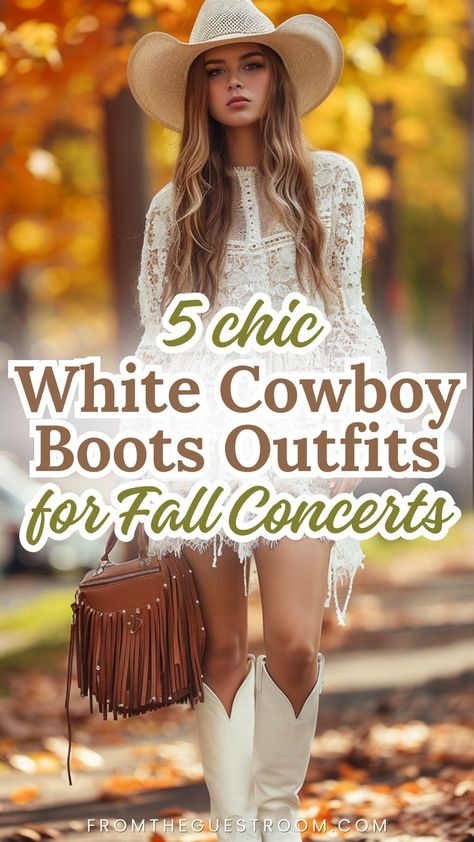 Cream Western Boots Outfit, White Cowboy Boots Outfit Concert, Cowgirl Christmas Outfit, Cowboy Boots Concert Outfit, Boots Outfit Concert, Outfits With Western Boots, Cowboy Boots Concert, Boots Concert Outfit, Cowgirl Boots Outfit Fall